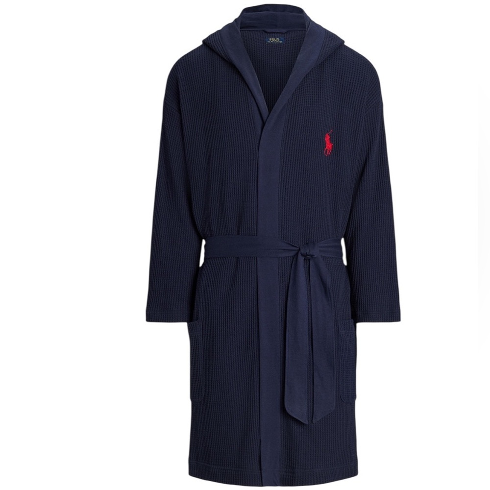 Polo Ralph Lauren Mens Thermal Hooded Robe Navy Size S/M Waffle Knit Print NWT - Picture 1 of 7